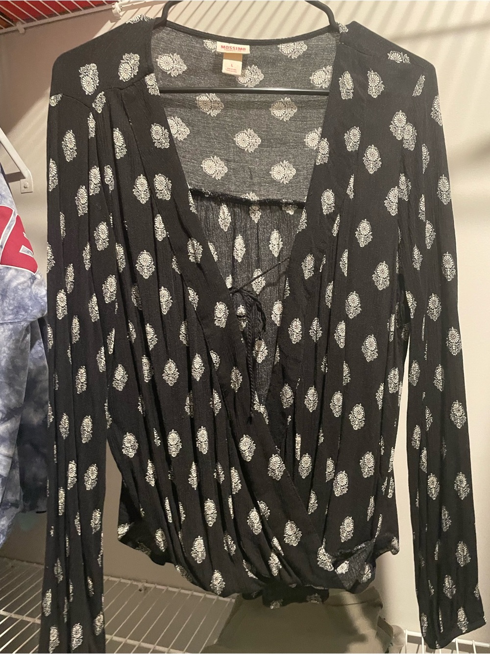 Mossimo Supply Co. Black Blouse with White Floral Medallions